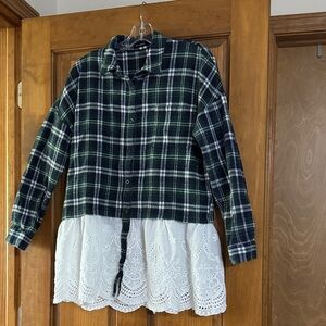Blu Pepper Green and Blue Plaid Shirt with the lace bottom. PTP 22.5 inches